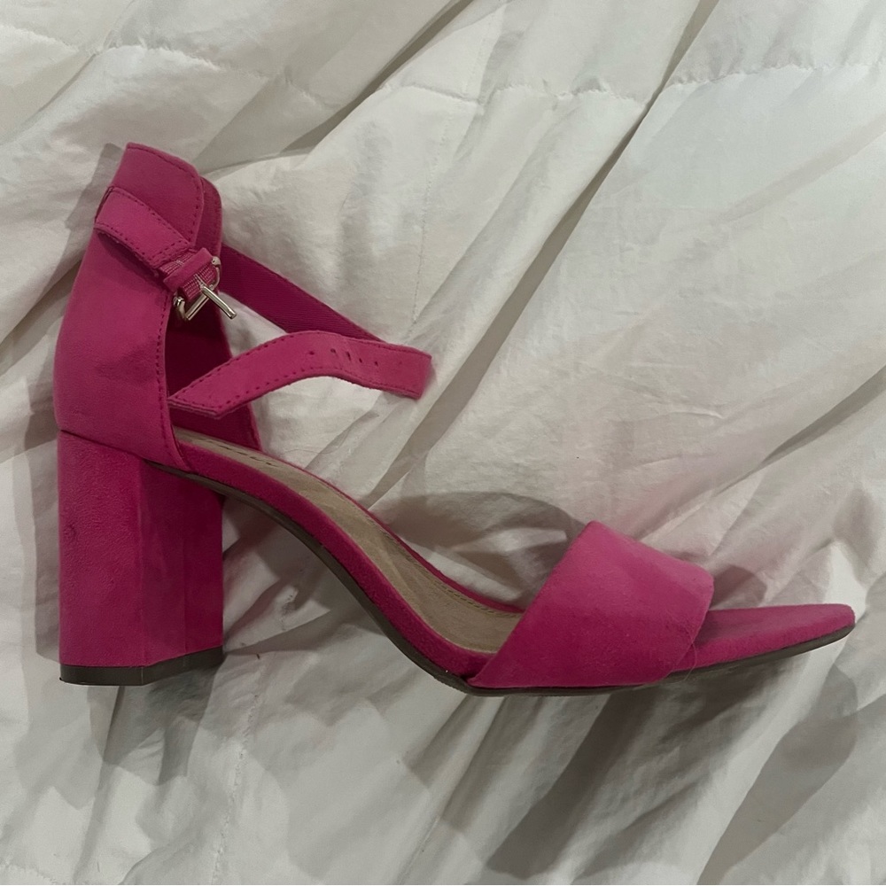 Hot pink sueded block heel sandals. Rarely worn.